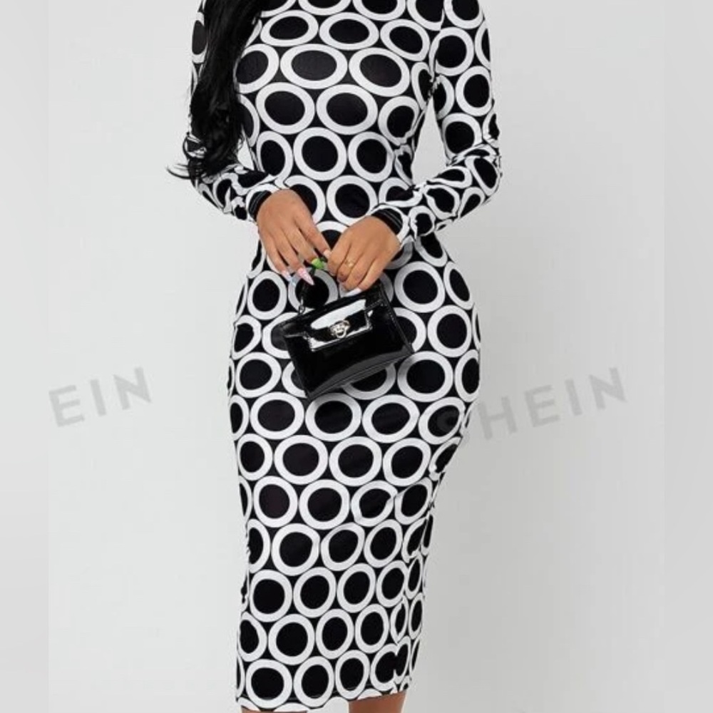 Mock Neck Slit Back Polka Dot Dress